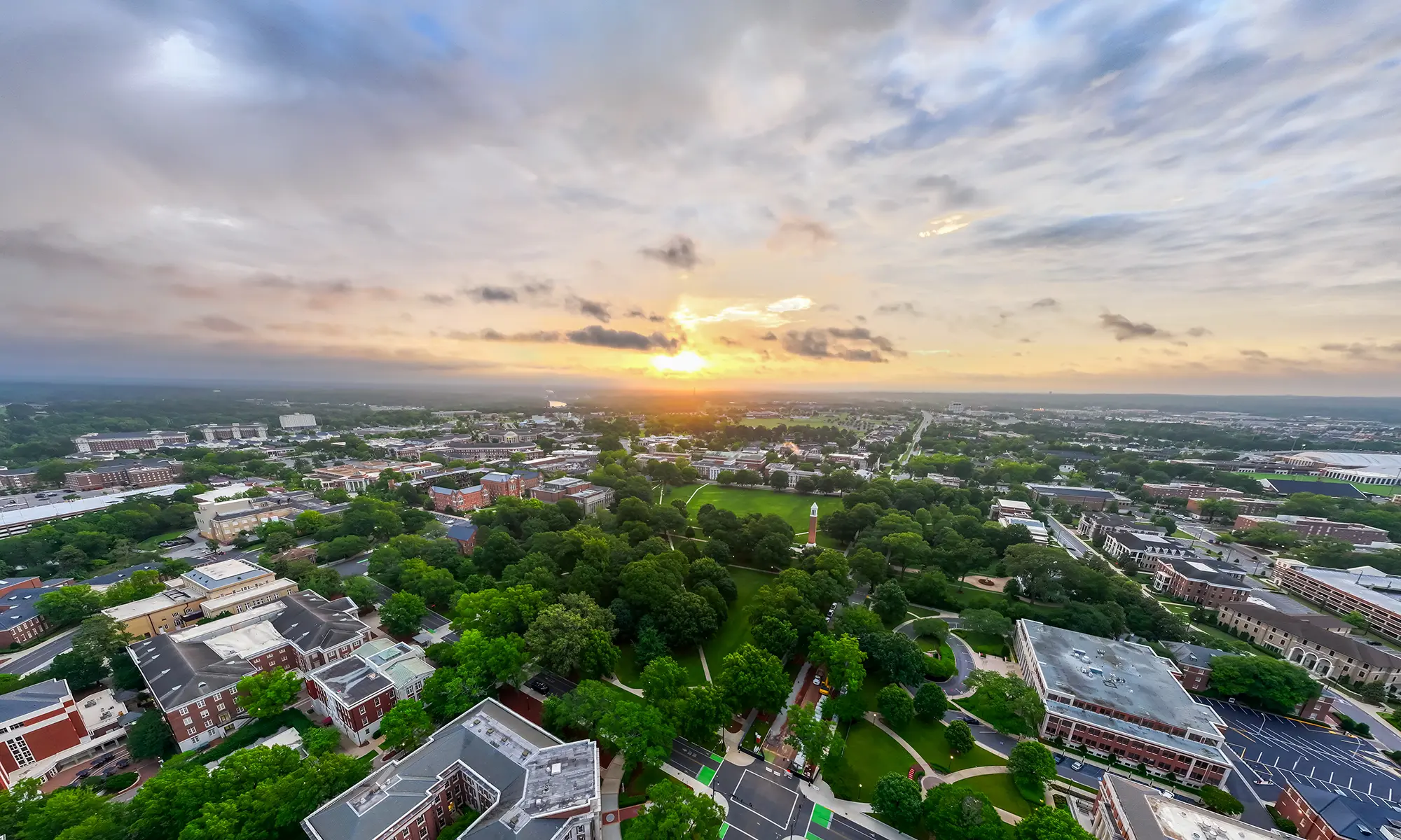 Sunrise over an aerial view of UA campus.