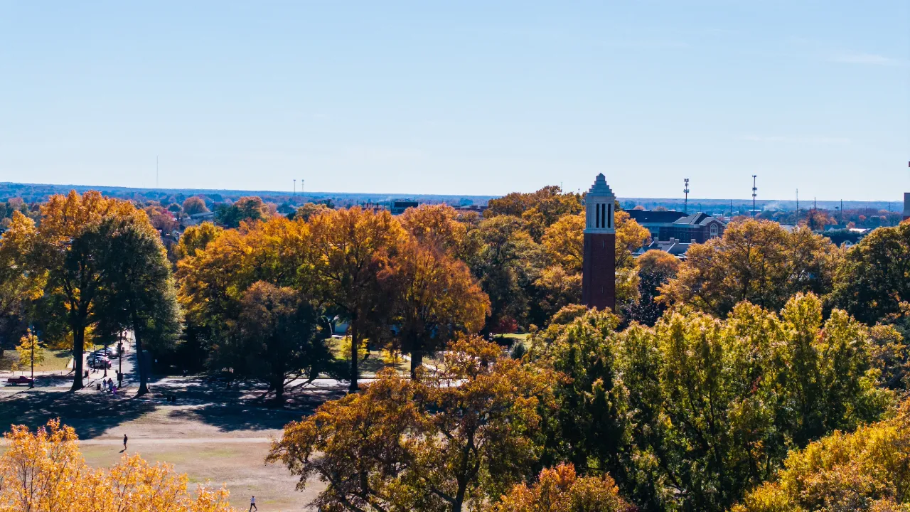 Drone footage of campus during the fall